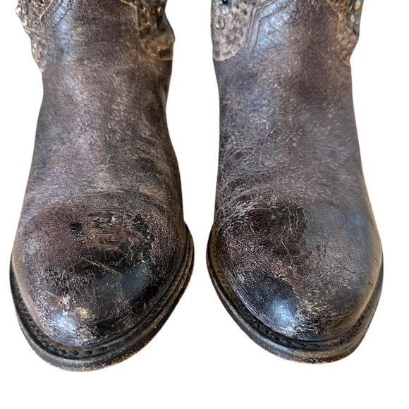 Frye Vintage Brown Leather Deborah Studded Western Ankle Boots - Picture 4 of 10